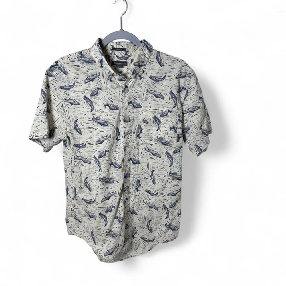 Eddie‎ Bauer blue & white fish print button-up shirt Size M #fishprint #summer